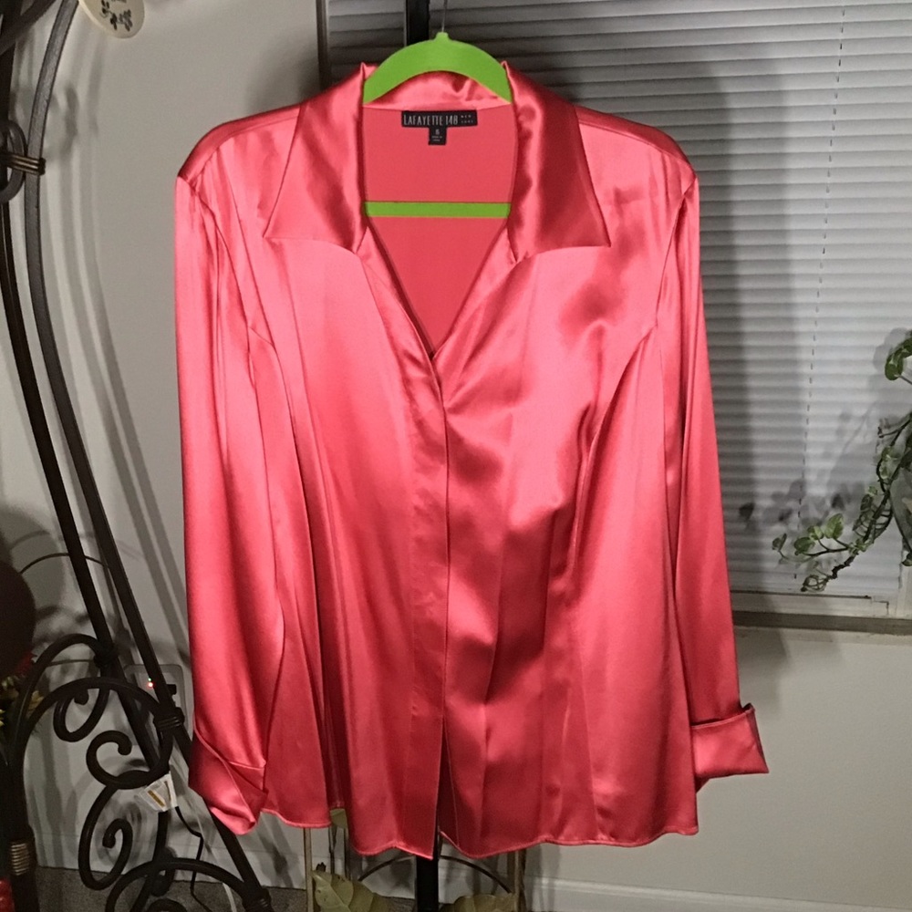 LAFAYETTE 148 NEW YORK LOVED AUTHENTIC RASPBERRY DESIGN SILK LONG SLEEVE BLOUSE
